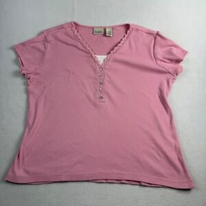 Classic Elements Pink Ribbed Cotton Crochet Trim Short Sleeve Top Size M